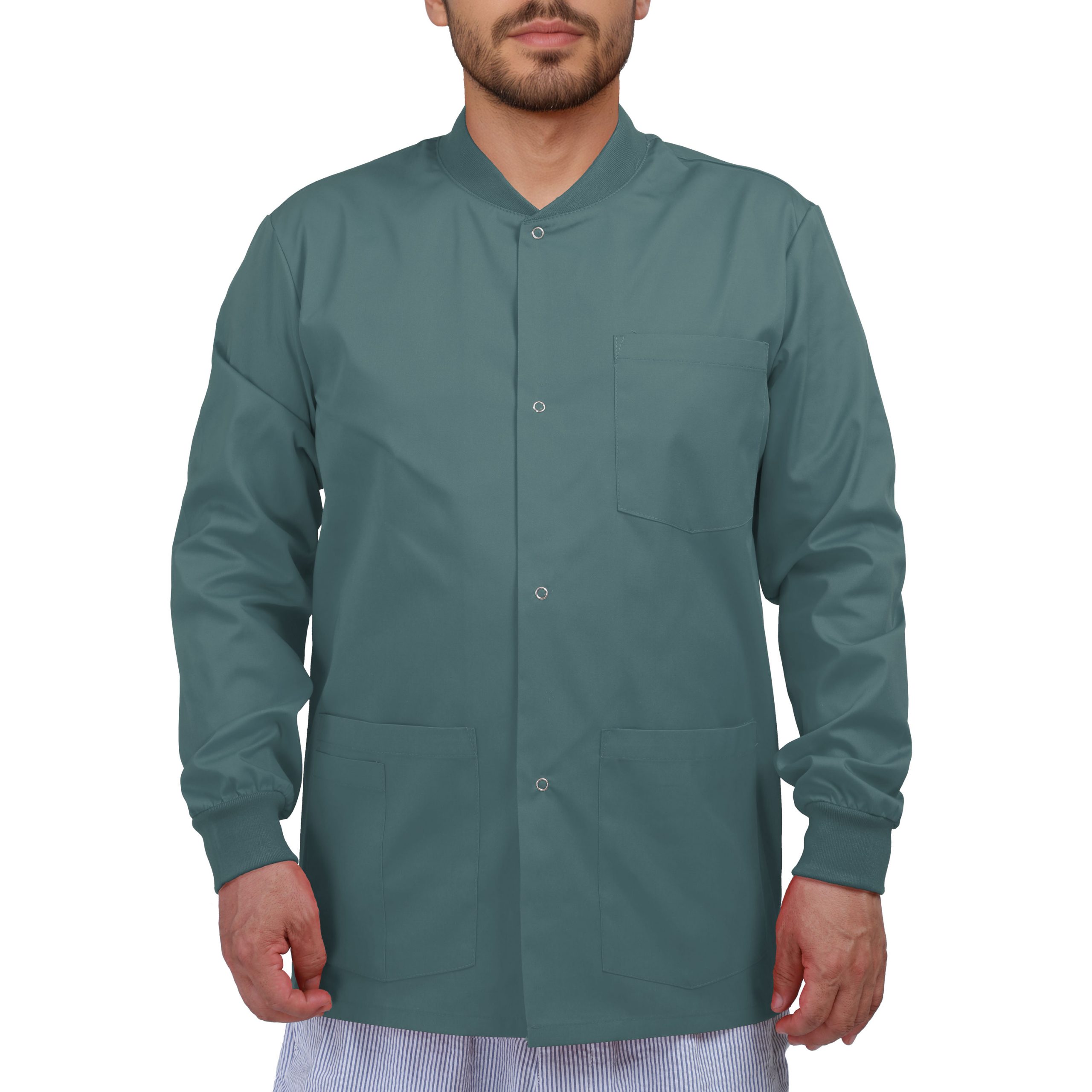 4-Pocket Snap-Front Scrub Jacket for Men — Round Neck, Knit Cuffs - Image 4