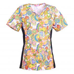 Women’s Printed V-Neck Scrub Top with Stretch Side Panels and Two Pockets