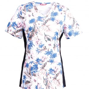 Women’s Printed V-Neck Scrub Top with Stretch Side Panels and Two Pockets