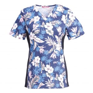 Women’s Printed V-Neck Scrub Top with Stretch Side Panels and Two Pockets