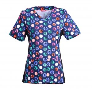 Women’s Printed V-Neck Scrub Top with Stretch Side Panels and Two Pockets