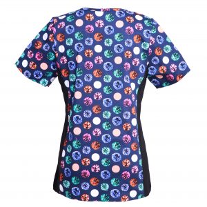 Women’s Printed V-Neck Scrub Top with Stretch Side Panels and Two Pockets