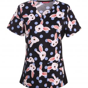 Women’s Printed V-Neck Scrub Top with Stretch Side Panels and Two Pockets