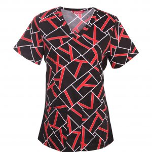 Women’s Printed V-Neck Scrub Top with Stretch Side Panels and Two Pockets