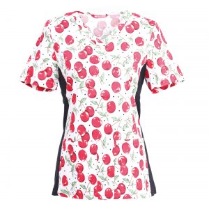 Women’s Printed V-Neck Scrub Top with Stretch Side Panels and Two Pockets