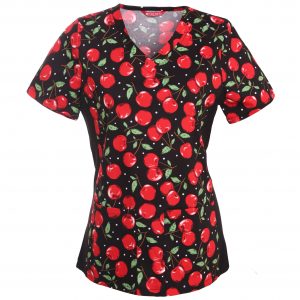 Women’s Printed V-Neck Scrub Top with Stretch Side Panels and Two Pockets