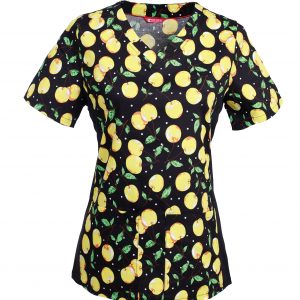 Women’s Printed V-Neck Scrub Top with Stretch Side Panels and Two Pockets