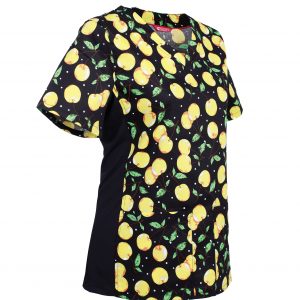 Women’s Printed V-Neck Scrub Top with Stretch Side Panels and Two Pockets