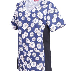 Women’s Printed V-Neck Scrub Top with Stretch Side Panels and Two Pockets