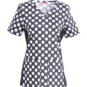 Women’s Printed V-Neck Scrub Top with Stretch Side Panels and Two Pockets